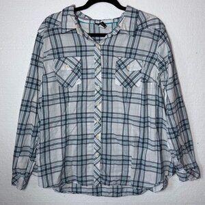 Torrid Womens Plus 2X Plaid White Blue Button Front Roll Tab Long Sleeve Shirt